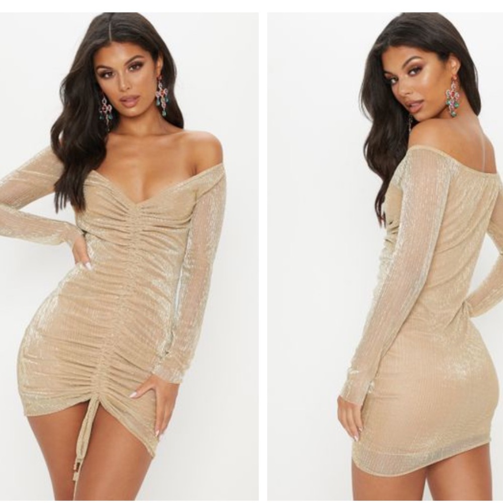 Gold Metallic Ruched Front Bardot Bodycon Dress